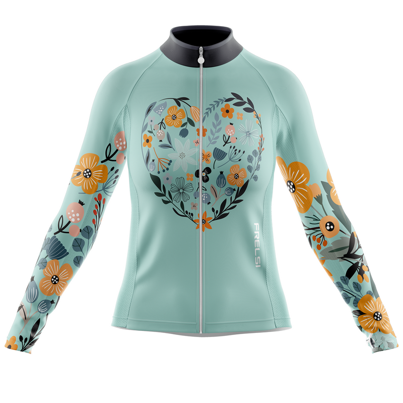 Breathable and moisture-wicking jersey with a relaxed fit, adorned with a beautiful heart made of flowers.Long-sleeve jersey with a blooming heart motif, perfect for cyclists who love nature and romance.