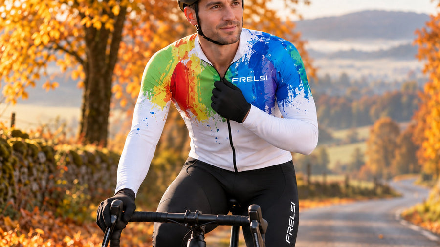Cyclist in a long sleeve Frelsi jersey and winter bib tights on an autumn road
