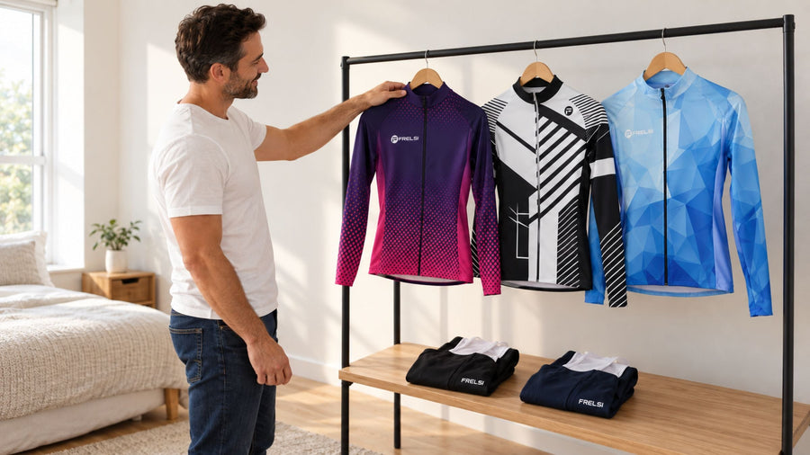 Man choosing from a rail of Frelsi long sleeve cycling jerseys, with folded bib shorts on the shelf below