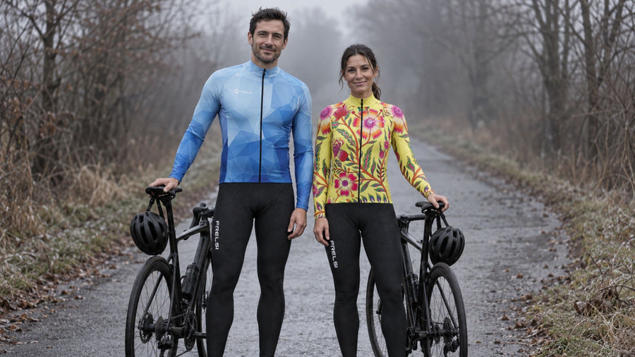 Two cyclists on a misty country lane in Frelsi long sleeve jerseys and Pro Team Winter Bib Tights