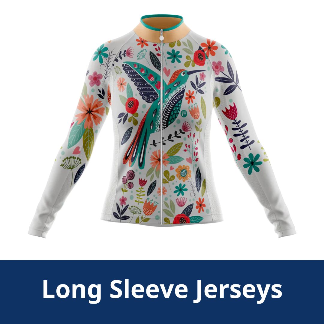 Women's Long Sleeve Cycling Jersey with Hummingbird and Flowers Unique Design