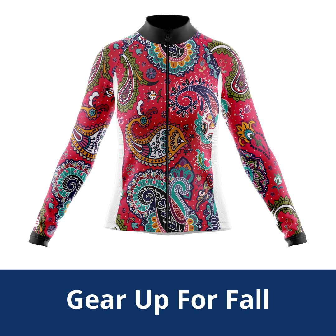 Thermal long sleeve fleece-lined cycling jersey with vibrant paisley design, ideal for cold-weather rides.