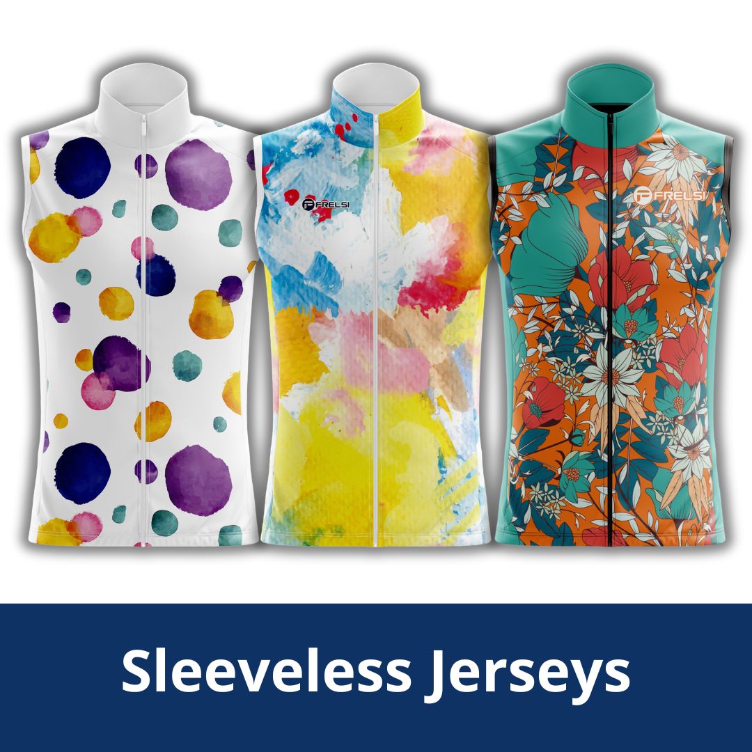 Three colorful and breathable sleeveless cycling jerseys for men and women by Cycling Frelsi