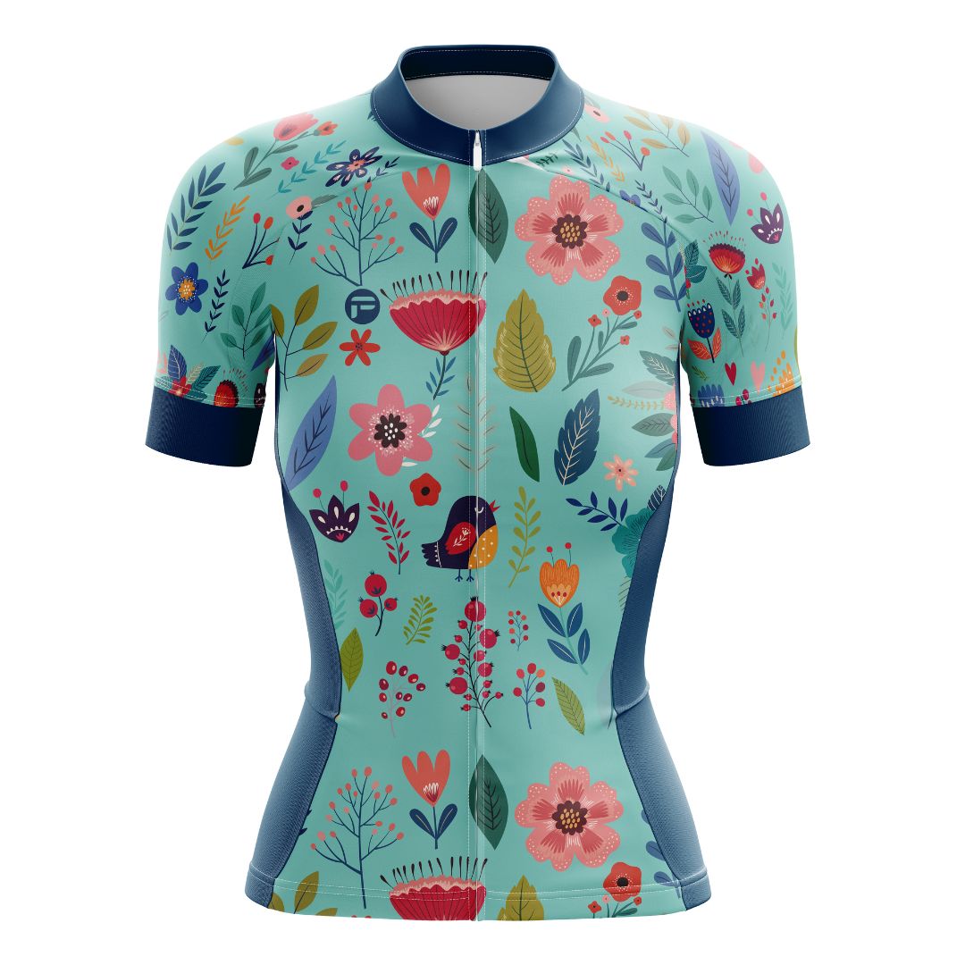 Blooming Garden Women's Cycling Jersey featuring a vibrant and colorful floral design on a turquoise  background, designed for optimal comfort, breathability, and aerodynamics.