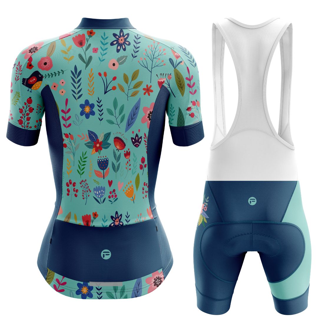 Blooming Garden Women's Cycling Kit featuring a vibrant and colorful floral design on a turquoise  background, designed for optimal comfort, breathability, and aerodynamics.