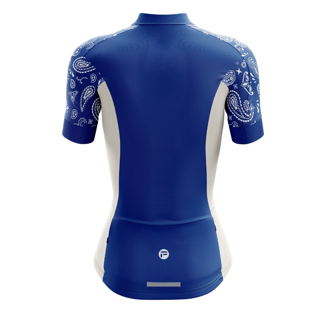 Blue Serenity Women's Cycling Kit featuring a stylish blue and white cycling jersey and matching shorts, designed for comfort, breathability, and aerodynamics