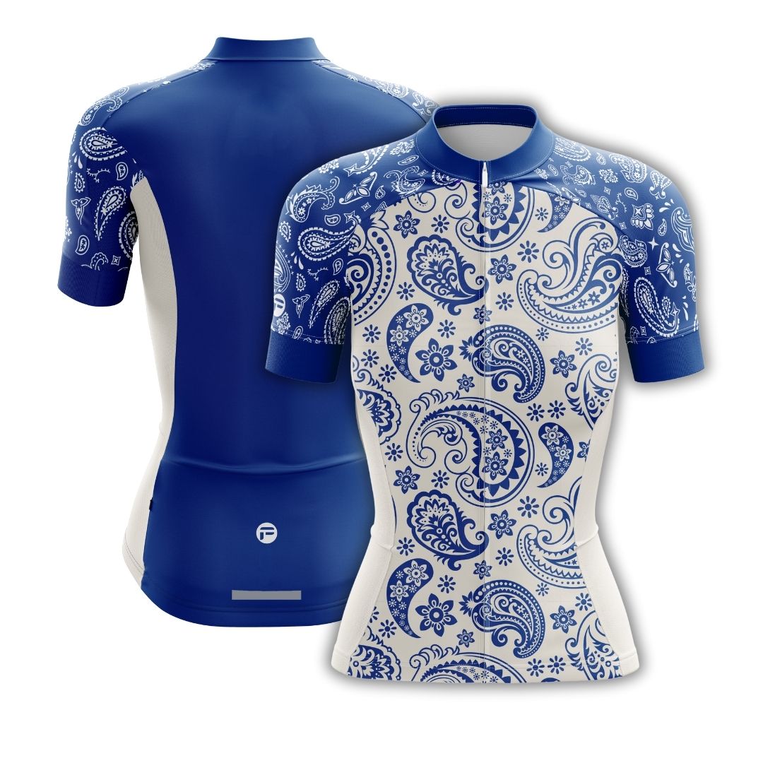 Blue Serenity Women's Cycling Kit featuring a stylish blue and white cycling jersey and matching shorts, designed for comfort, breathability, and aerodynamics