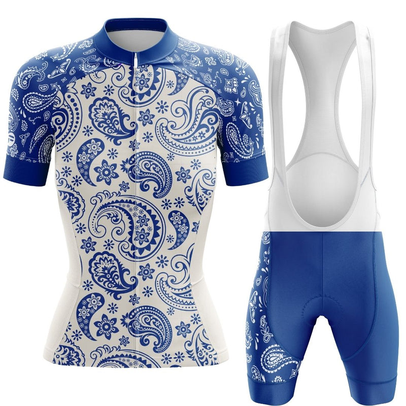 Blue Serenity Women's Cycling Kit featuring a stylish blue and white cycling jersey and matching bib, designed for comfort, breathability, and aerodynamics
