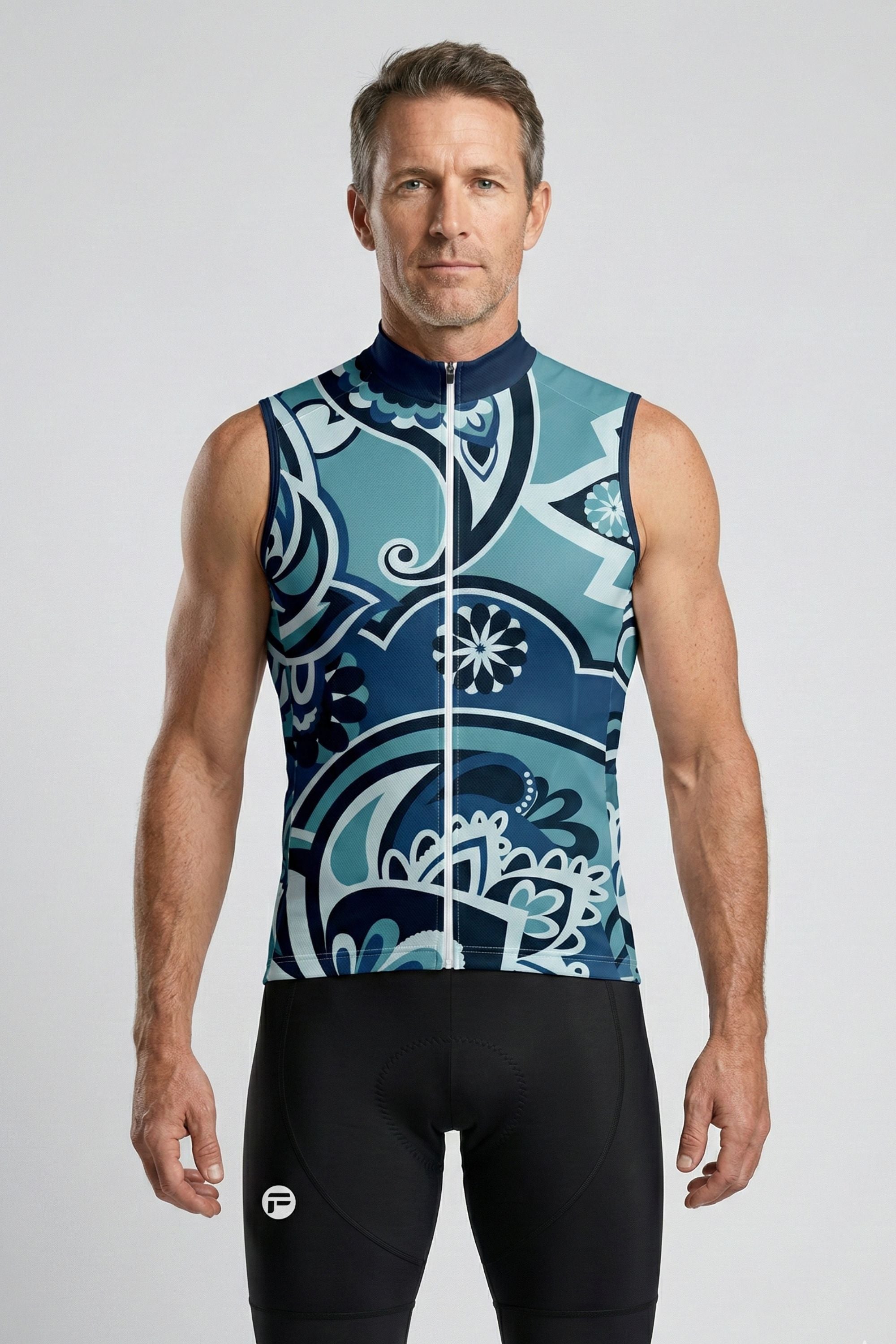 Man wearing a blue and black patterned sleeveless cycling jersey on a white background