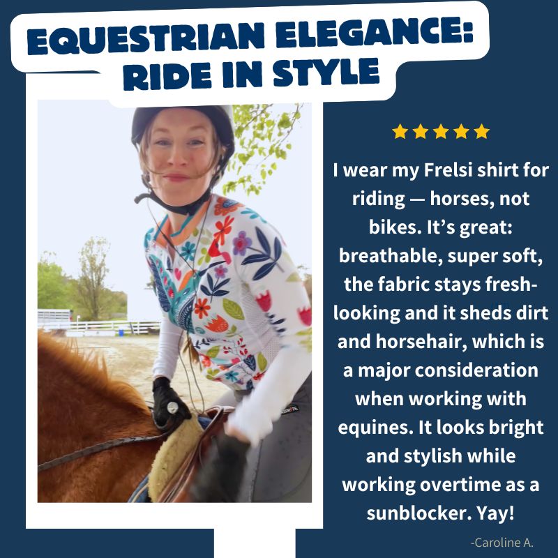 Equestrian rider wearing Frelsi Happy Bird jersey. Breathable comfort & stylish for horseback riding.