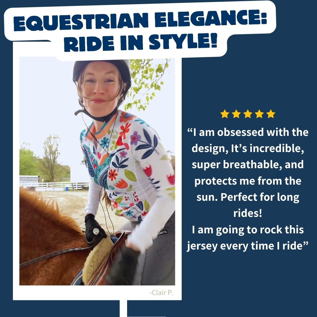 Equestrian rider wearing Frelsi Happy Bird jersey. Breathable comfort & stylish for horseback riding.