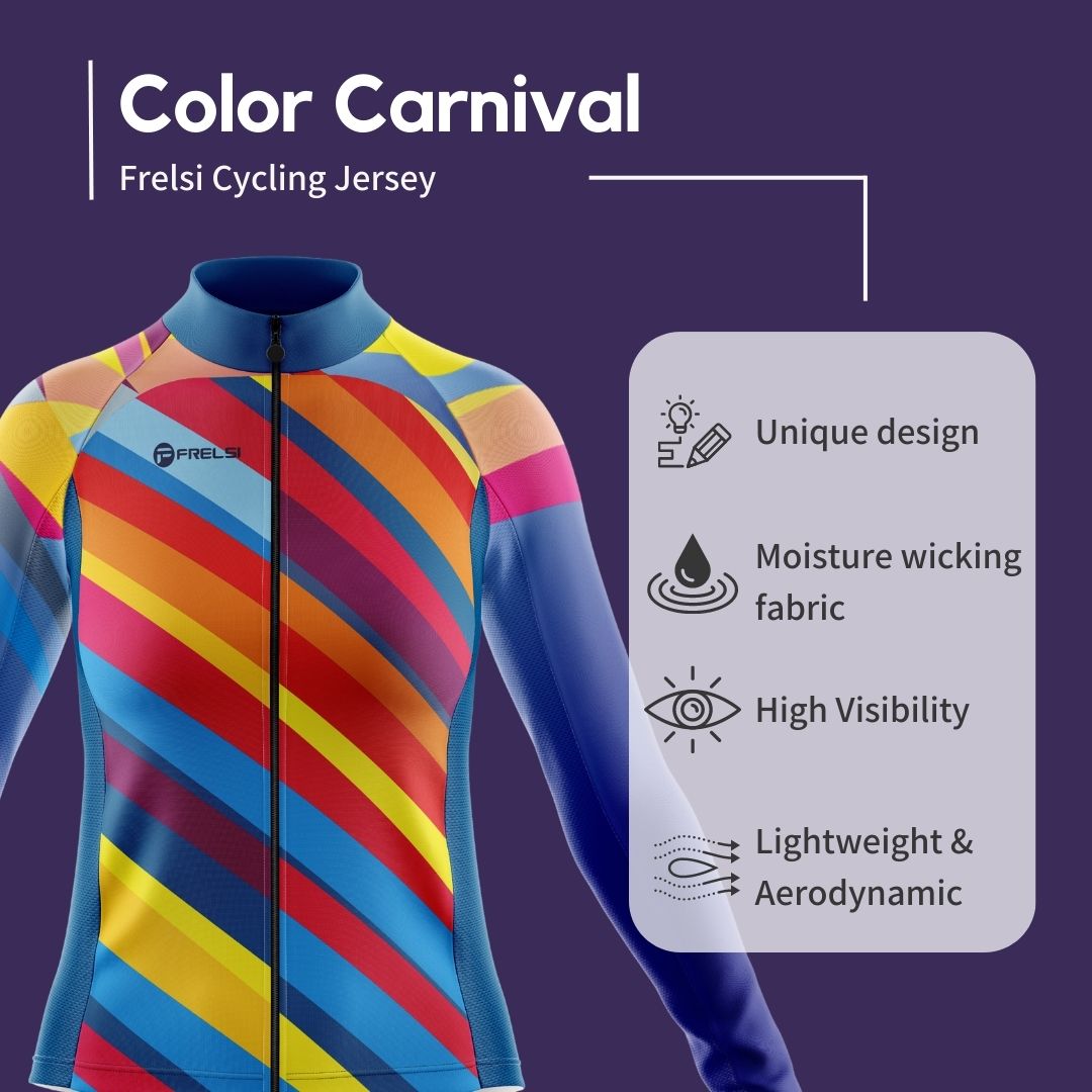 Highlights about colorful long sleeve cycling jersey for women with many colors , called 'Color Carnival'