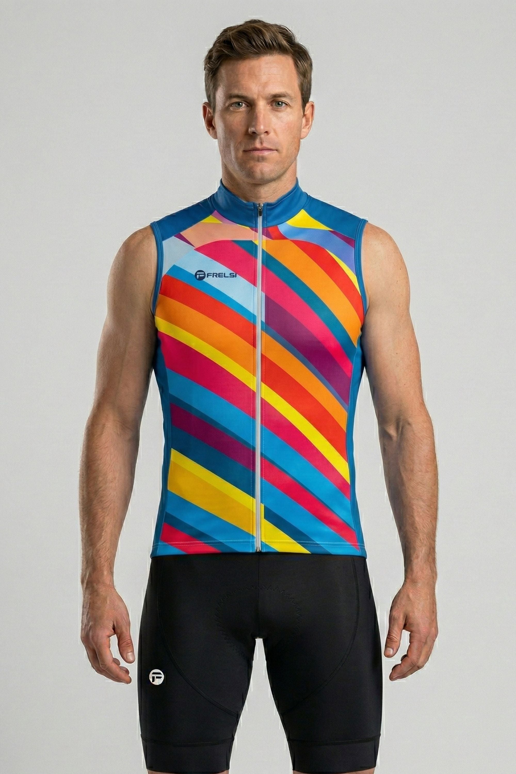 Man wearing a colorful cycling vest on a gray background