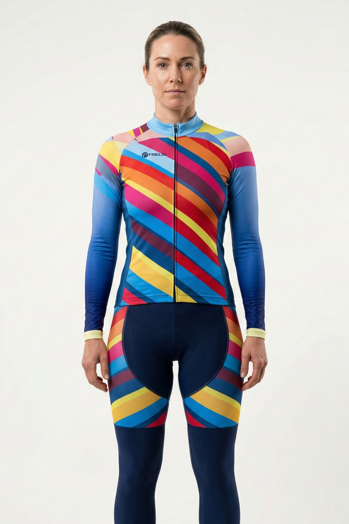 Person wearing a colorful cycling suit with a white background