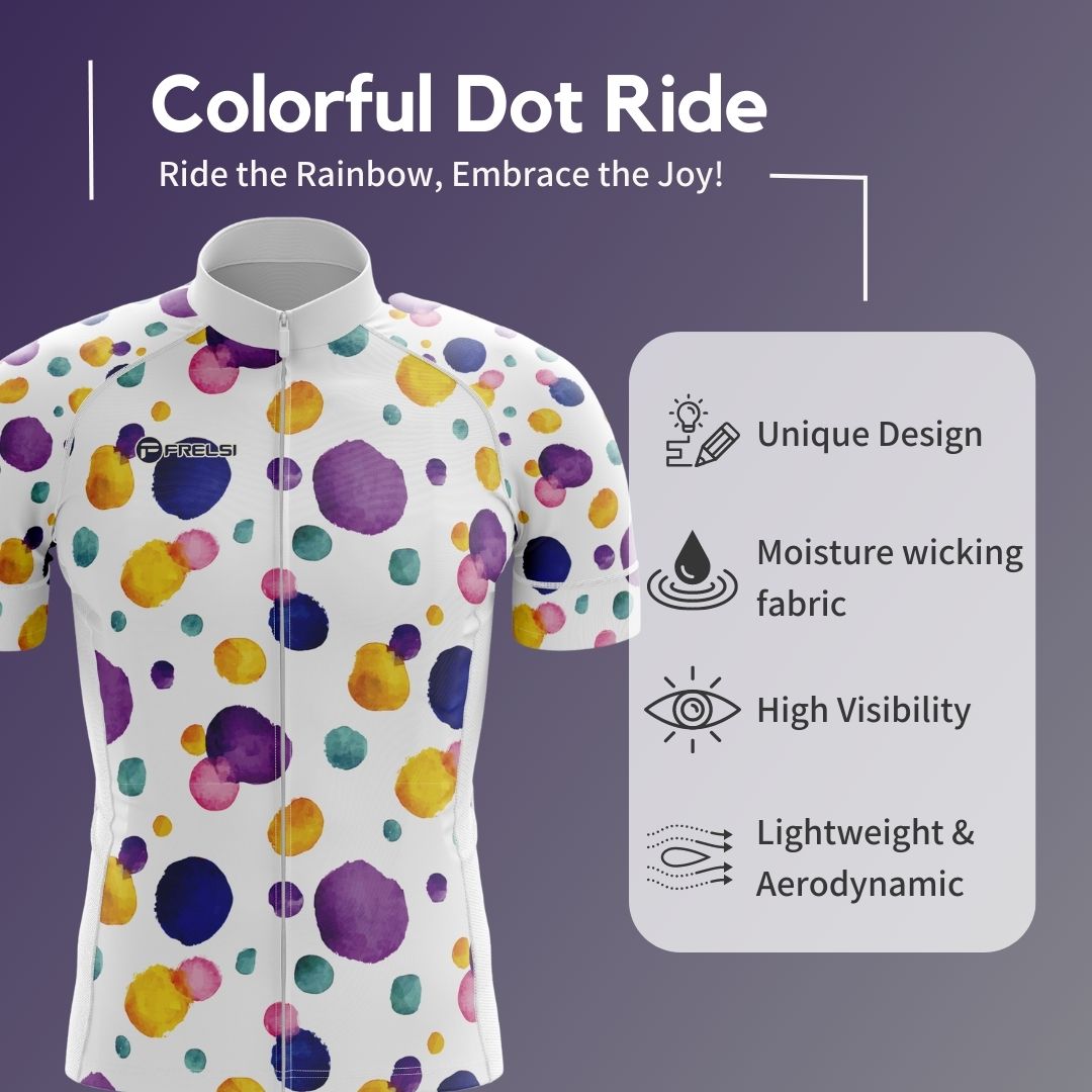 Colorful Dot Ride Cycling Jersey | Men's Short Sleeve Cycling Kit | dynamic design of vivid ink dots dancing across a white canvas | Product Highlights