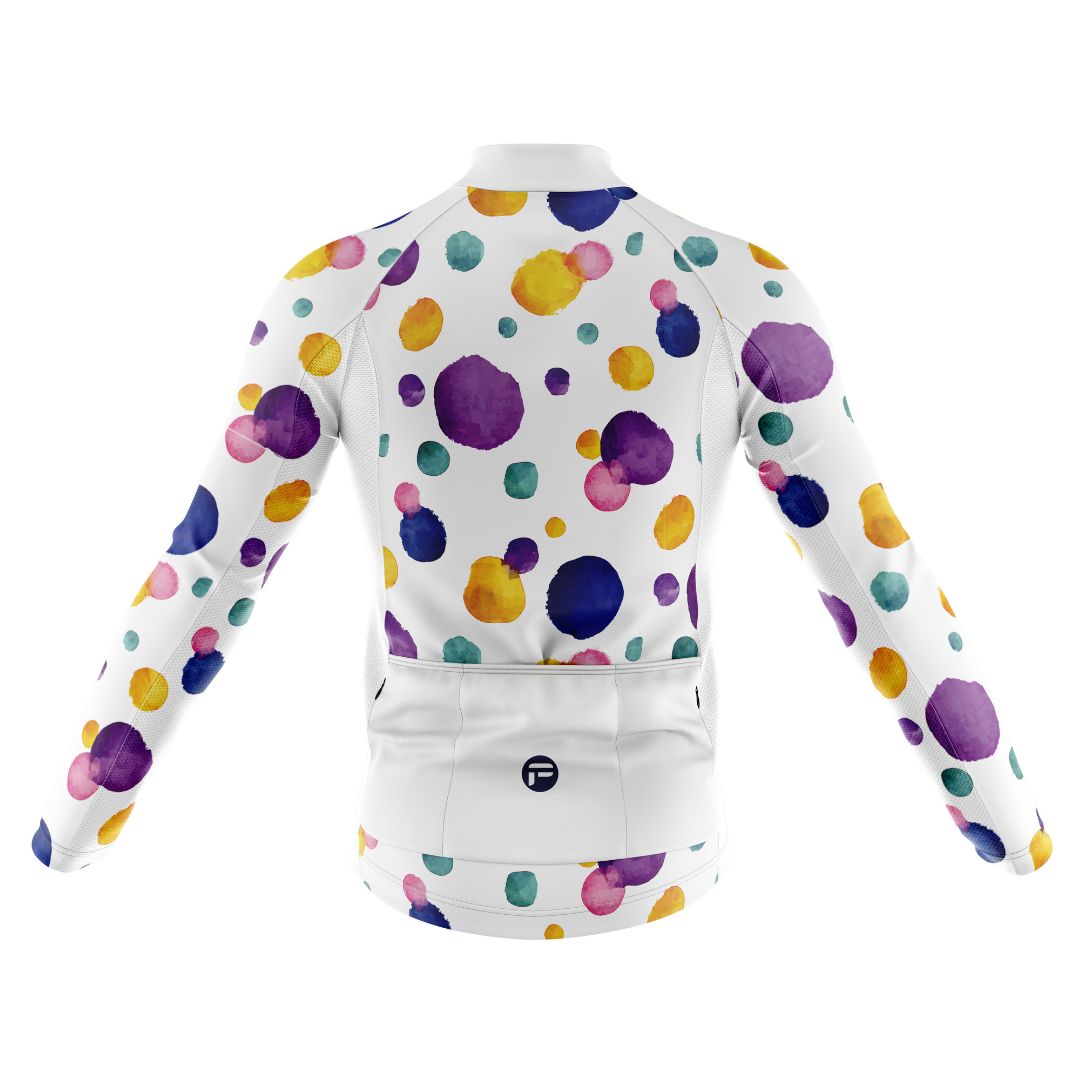 Colorful Dot Ride Cycling Jersey | Men's Long Sleeve Cycling Jersey | dynamic design of vivid ink dots dancing across a white canvas