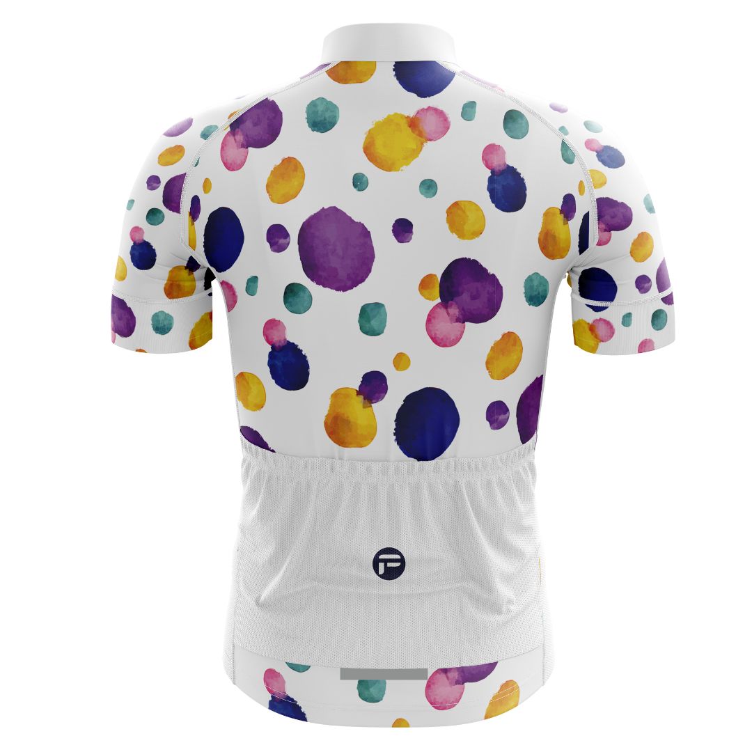 Colorful Dot Ride Cycling Jersey | Men's Short Sleeve Cycling Kit | dynamic design of vivid ink dots dancing across a white canvas