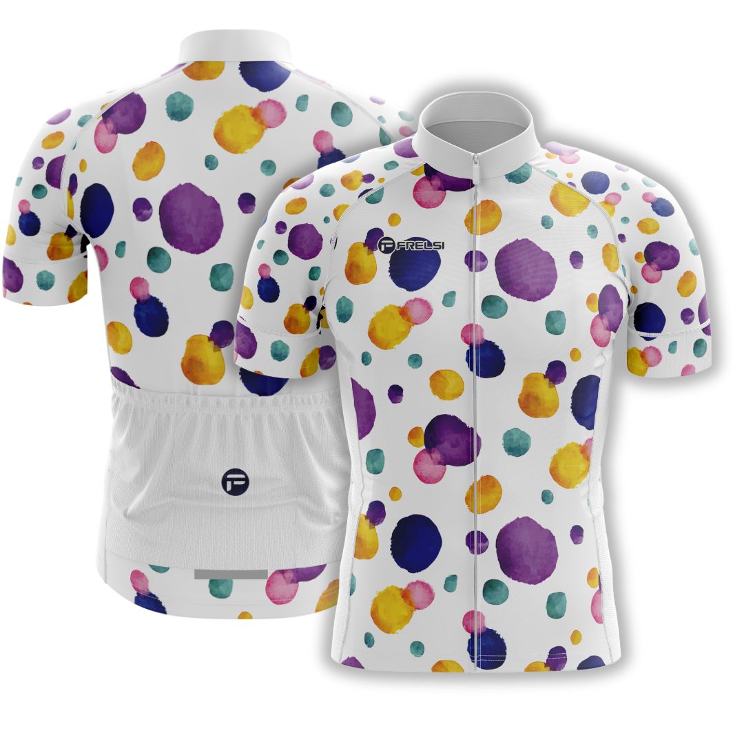 Colorful Dot Ride Cycling Set | Men's Short Sleeve Cycling Kit | Dynamic design of vivid ink dots dancing across a white canvas