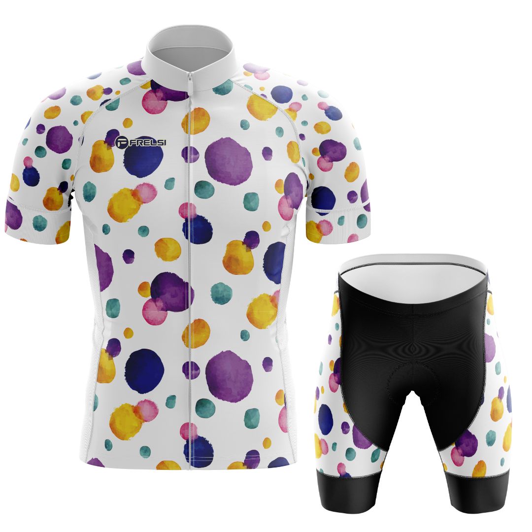 Colorful Dot Ride Cycling Set | Men's Short Sleeve Cycling Kit | Dynamic design of vivid ink dots dancing across a white canvas