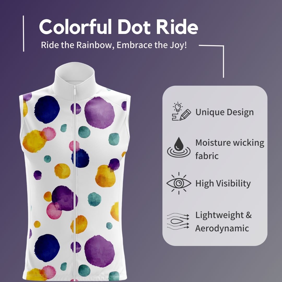Colorful Dot Ride Sleeveless Cycling Jersey | dynamic design of vivid ink dots dancing across a white canvas | Product Highlights