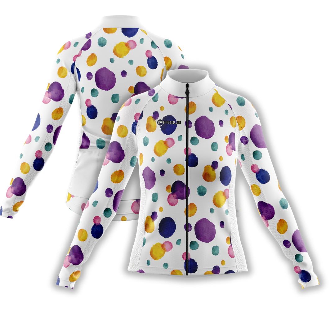 Colorful Dot Ride Cycling Jersey | Women's Long Sleeve Cycling Jersey | dynamic design of vivid ink dots dancing across a white canvas