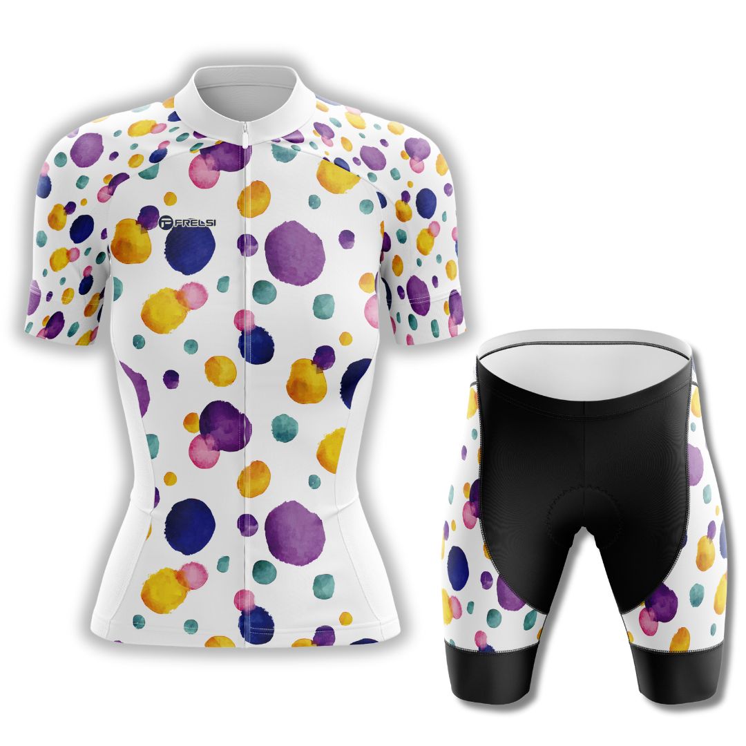 Colorful Dot Ride Cycling Set | Women's Short Sleeve Cycling Kit | dynamic design of vivid ink dots dancing across a white canvas