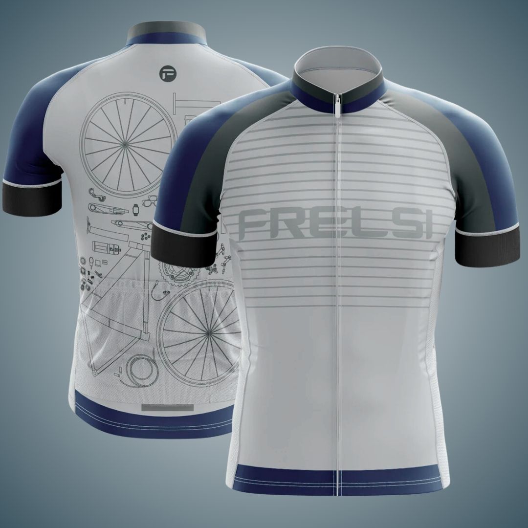 White and navy short sleeve cycling jersey with a blueprint-style design on the back, featuring detailed bicycle parts illustrations and horizontal lines on the front. Includes a full zipper front and a sleek, modern aesthetic.