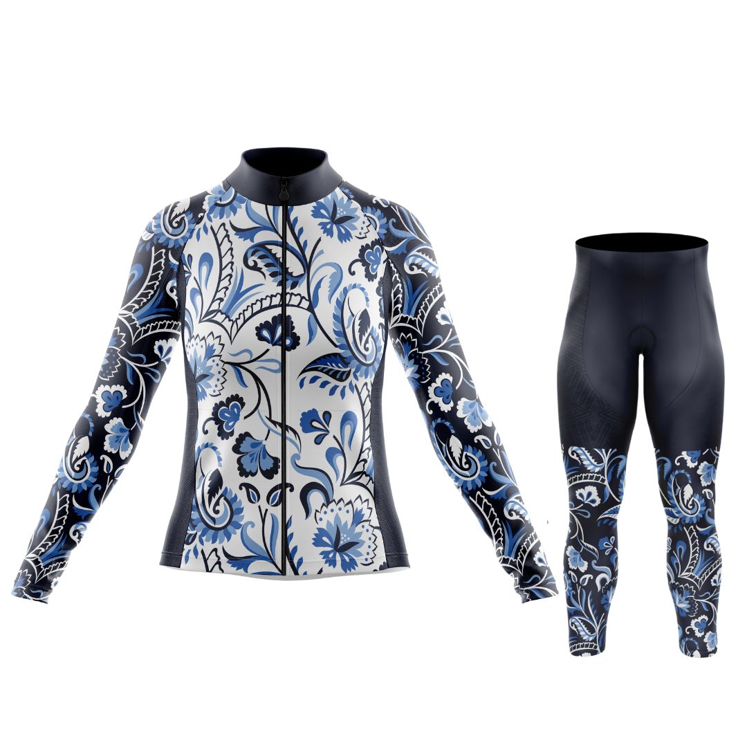 Front view of Daydream Dance Women's Long-Sleeve Cycling kit in vibrant abstract design