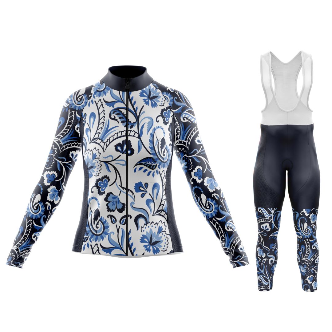 Front view of Daydream Dance Women's Long-Sleeve Cycling kit with bibs option and vibrant abstract design