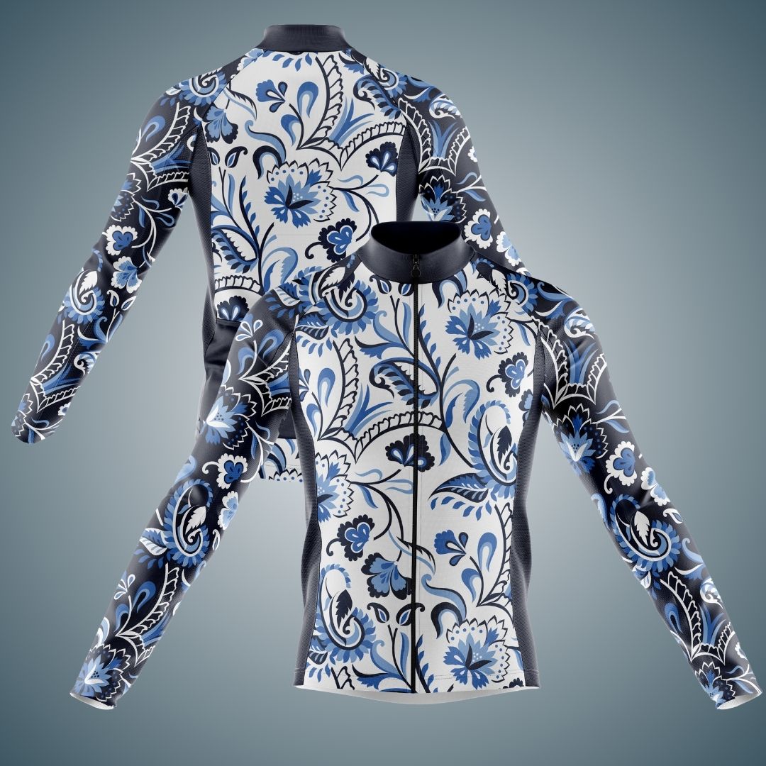 Men's long sleeve cycling jersey featuring an elegant floral design in shades of blue, white, and black. The jersey includes a full zipper front and offers a sleek fit, perfect for cooler weather rides.