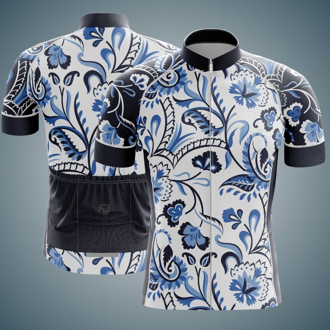 Men's short sleeve cycling jersey with an elegant floral design in blue, white, and black. Featuring a full zipper front and back pockets, this jersey provides a sleek fit ideal for warm-weather rides.