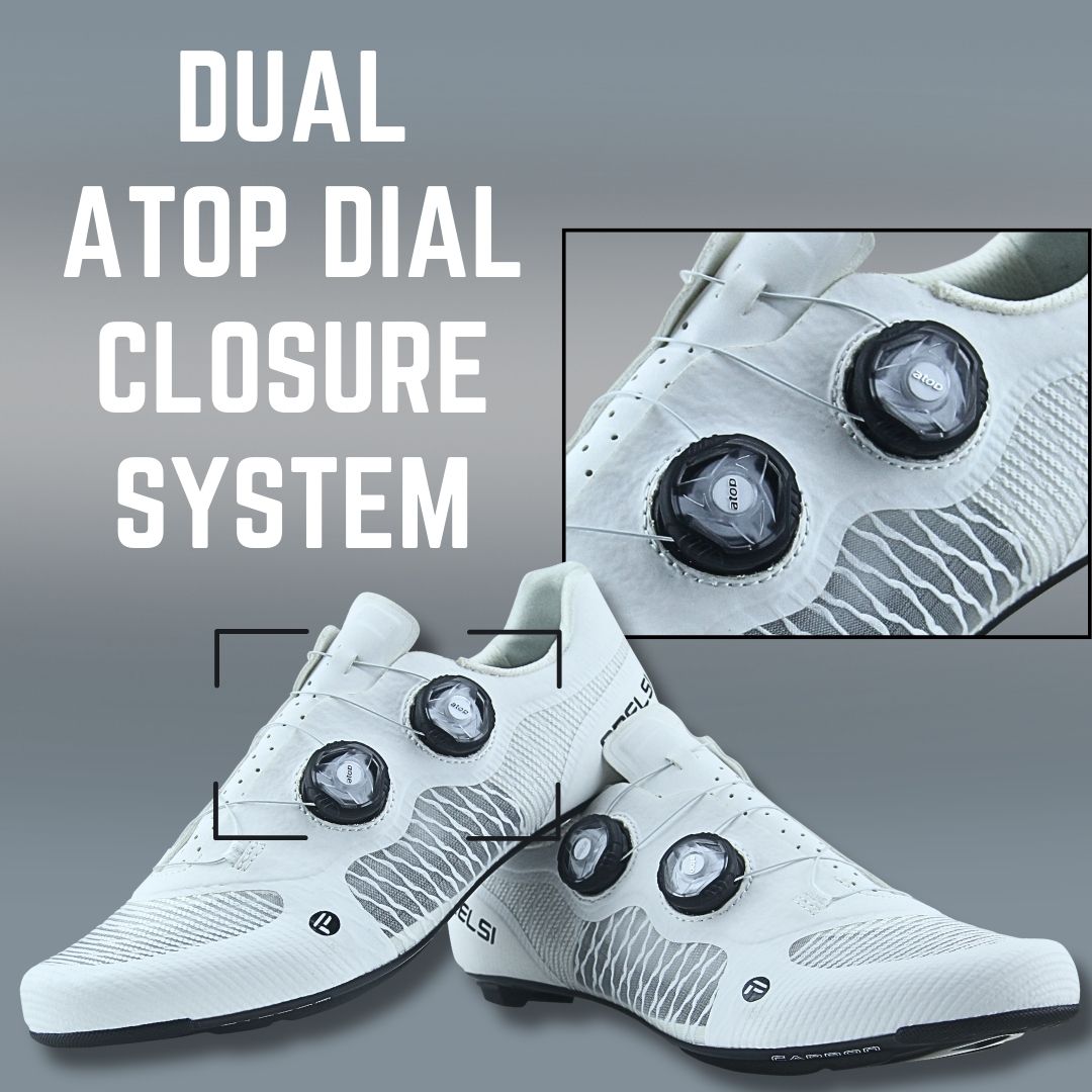 White Frelsi Pro Team shoes showcasing the dual Atop Dial closure system with micro-adjustment increments for a precise and comfortable fit.