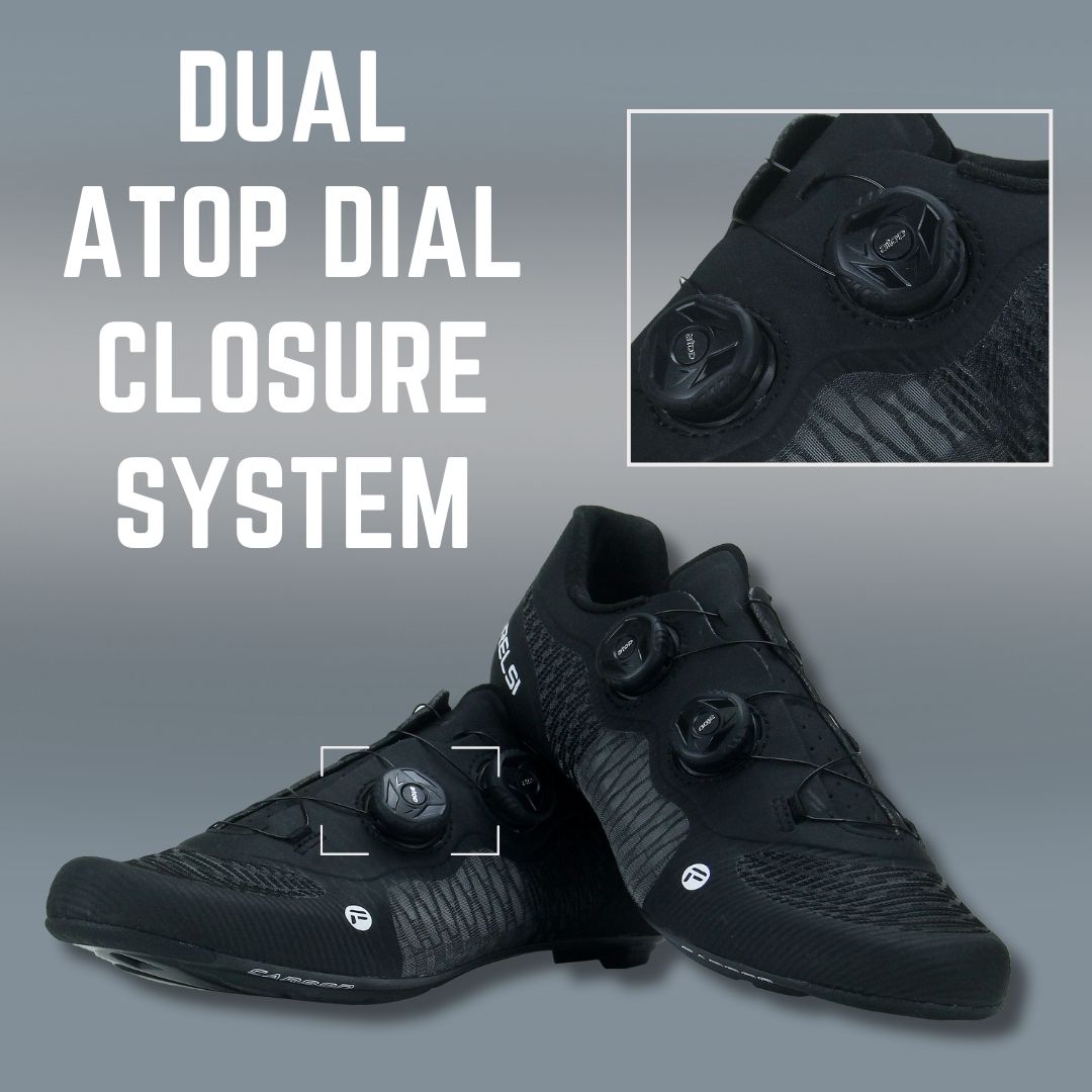 Black Frelsi Pro Team shoes showcasing the dual Atop Dial closure system with micro-adjustment increments for a precise and comfortable fit.