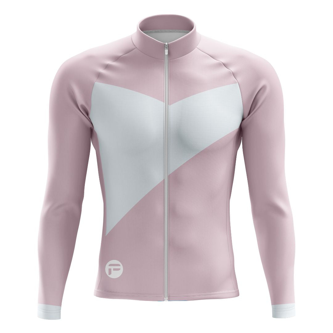 Lightweight and breathable men's long sleeve cycling jersey in soft pink and white, designed for performance and comfort.