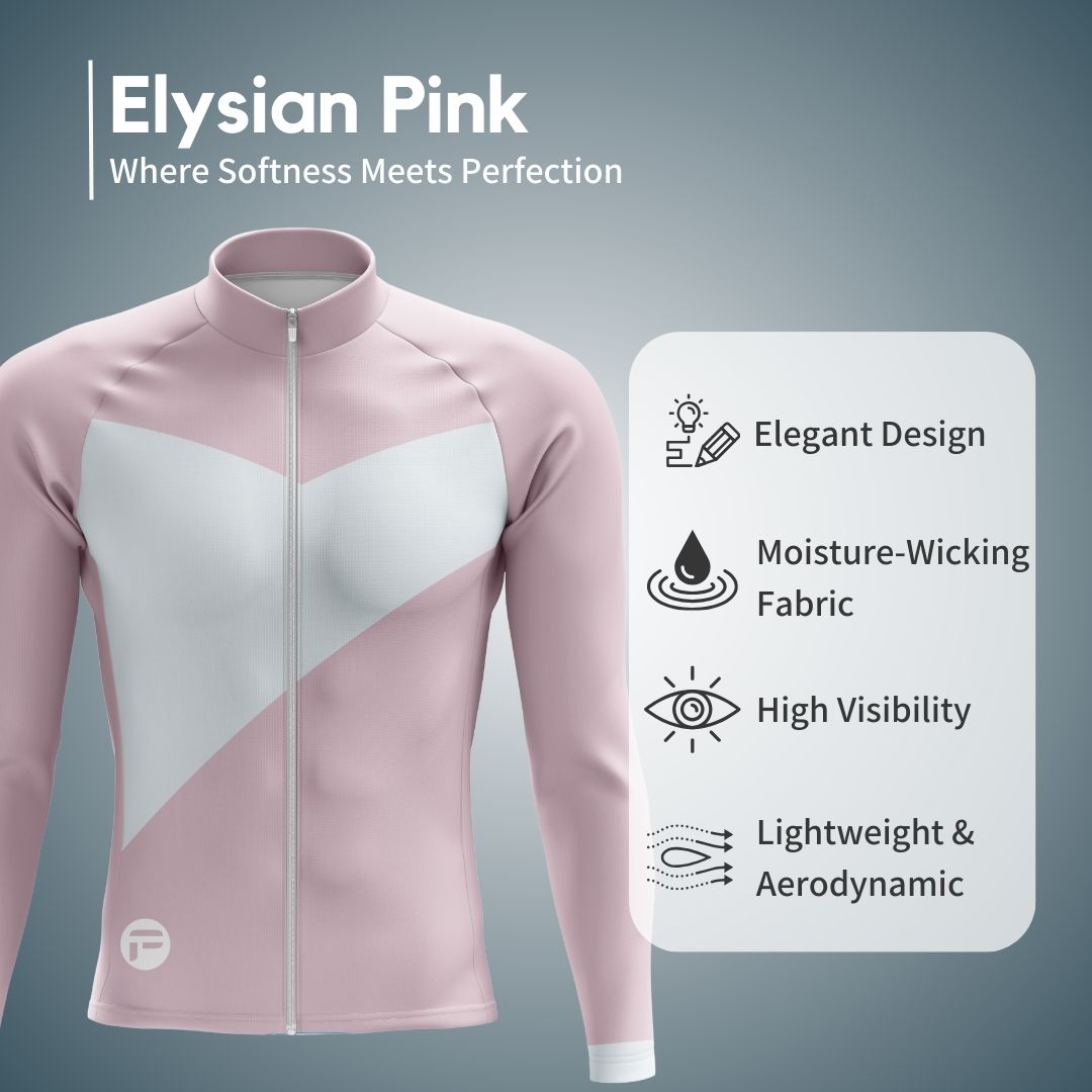 Stylish and high-performance men's long sleeve cycling jersey featuring a soft pink and white design with a sleek, athletic fit.