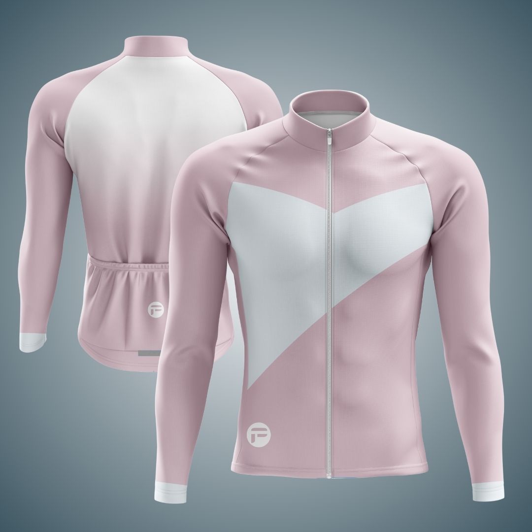 Men's Elysian Pink Long Sleeve Cycling Jersey with a sleek pastel pink and white geometric design for a stylish, modern look.