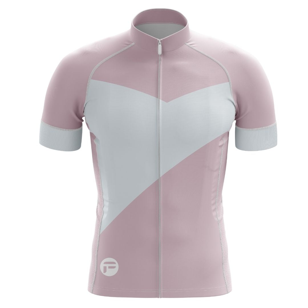 Lightweight and breathable men's cycling jersey in soft pink and white, designed for performance and style.