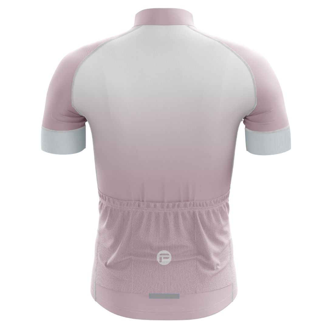 Stylish and high-performance men's cycling jersey featuring a soft pink and white color scheme with a sleek, athletic fit.