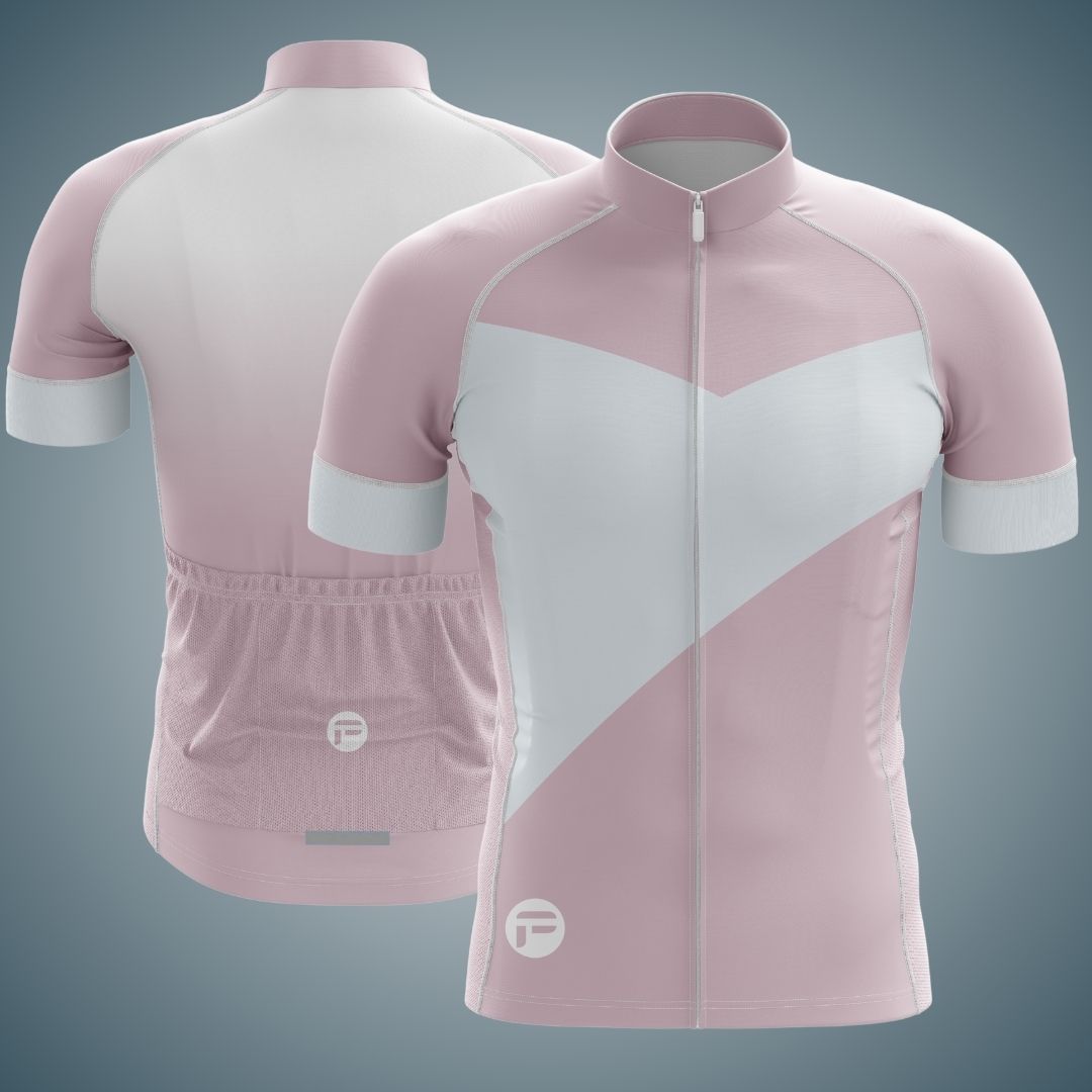 Men's Elysian Pink Short Sleeve Cycling Jersey with a sleek pastel pink and white geometric design for a refined, modern look.