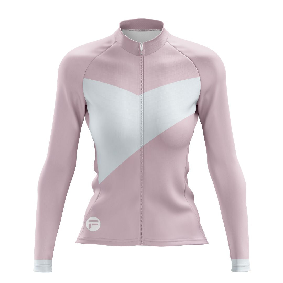 Bold geometric pattern on Elysian Pink Women’s Cycling Jersey: pastel pink and white angular lines for stylish road performance.