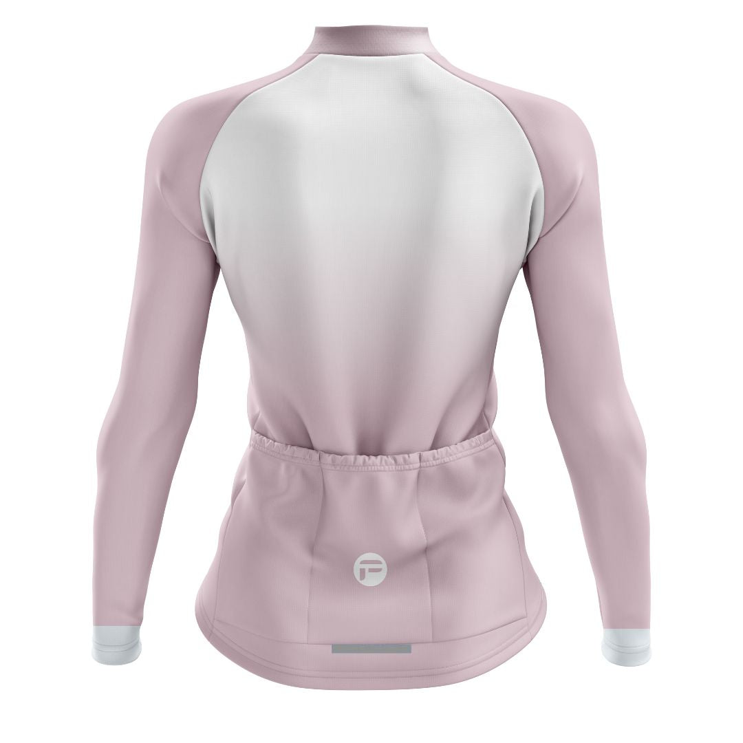 Breathable long sleeves on Elysian Pink Cycling Jersey: UV-protective, sweat-wicking fabric with ergonomic seams for comfort.