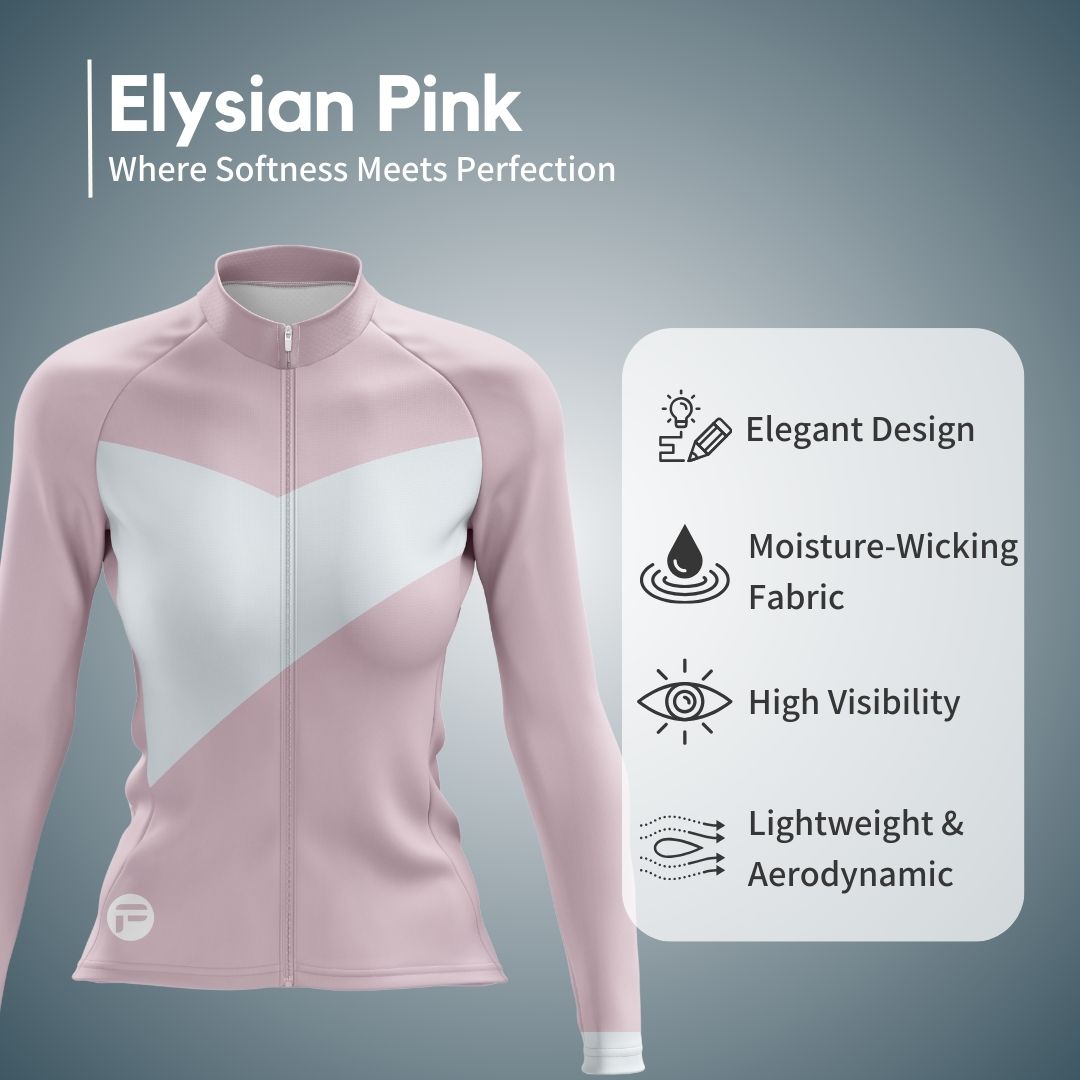 Women’s Elysian Pink Long Sleeve Jersey laid flat: pastel geometric design, zippered pockets, and thermal-regulating fabric for autumn cycling.