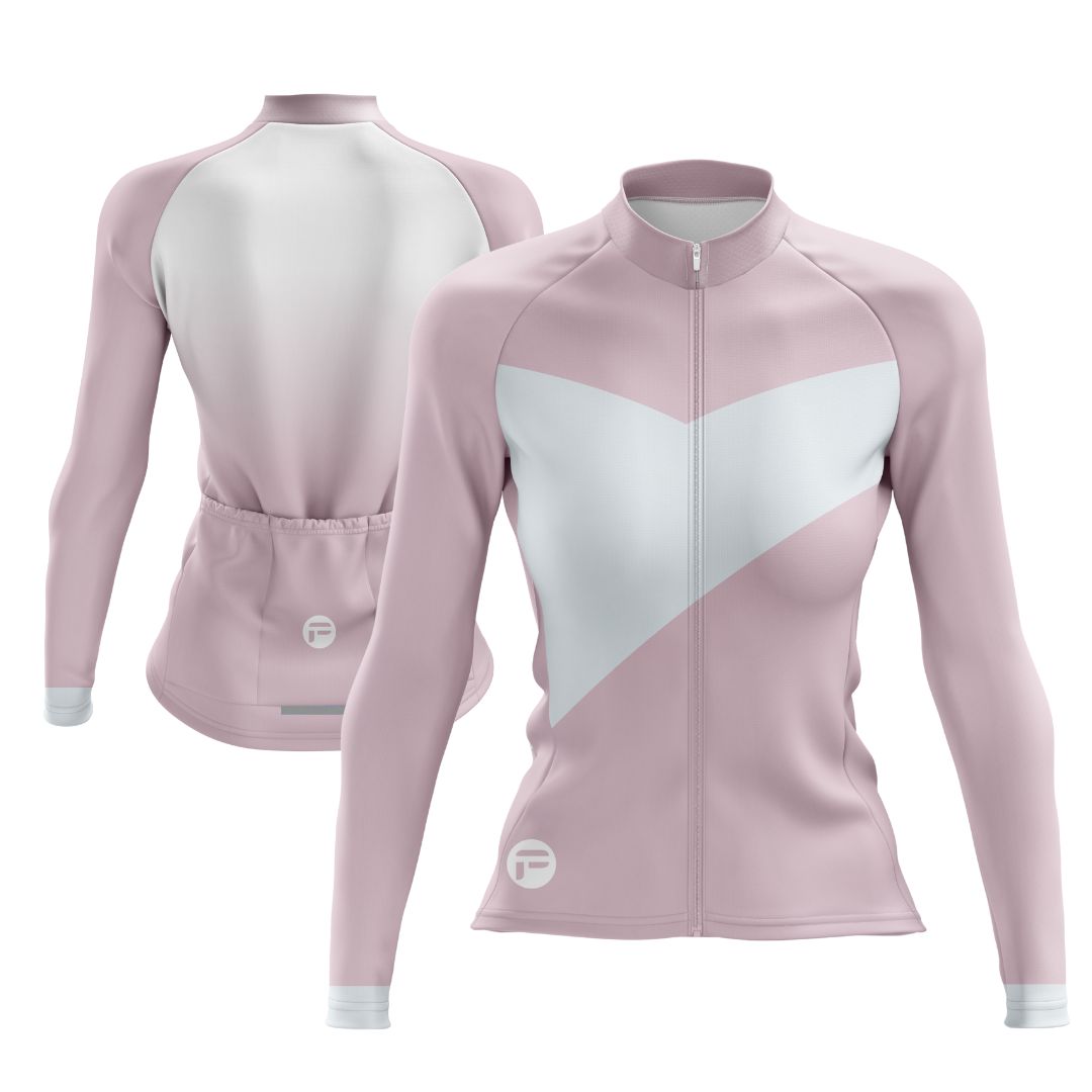 Women’s Long Sleeve Elysian Pink Cycling Jersey – Soft pastel geometric design, lightweight moisture-wicking fabric, and aerodynamic sleeves for cool-weather rides.