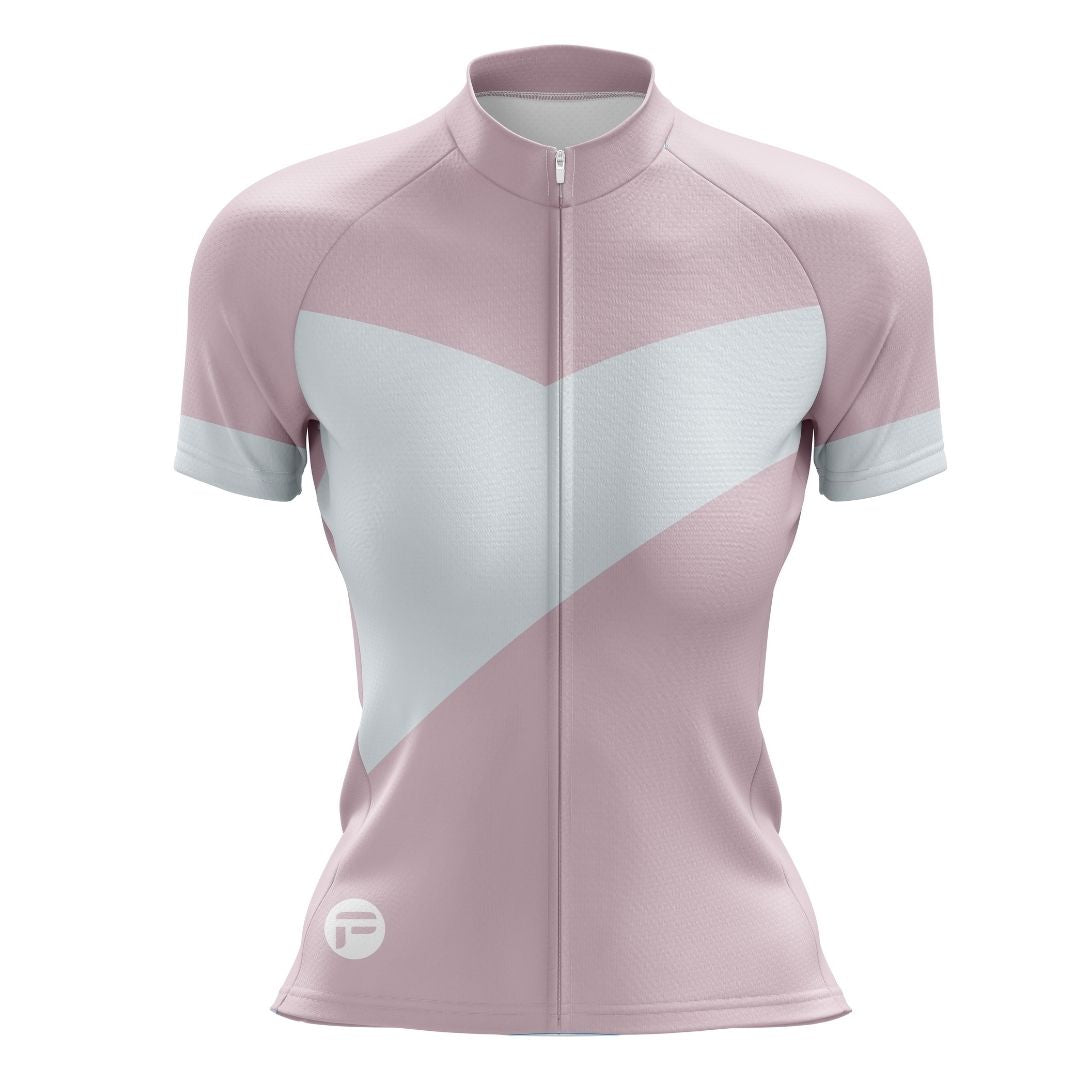 Modern geometric design on Elysian Pink Jersey: soft pink and white angular lines symbolizing speed and elegance.