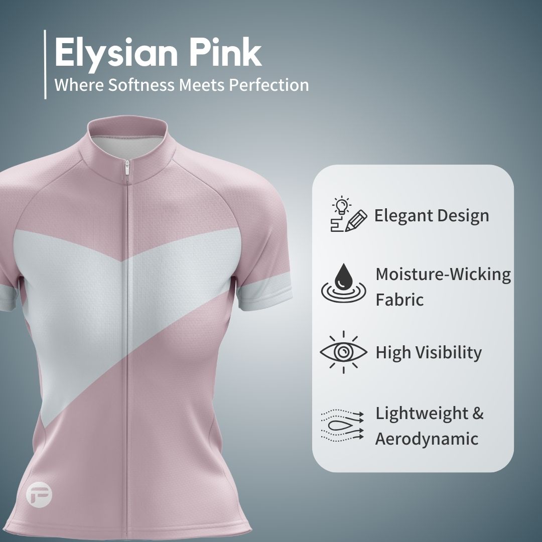 Elysian Pink Jersey Highlighted aerodynamics, ergonomic fit, moisture-wicking fabric, and ventilation.