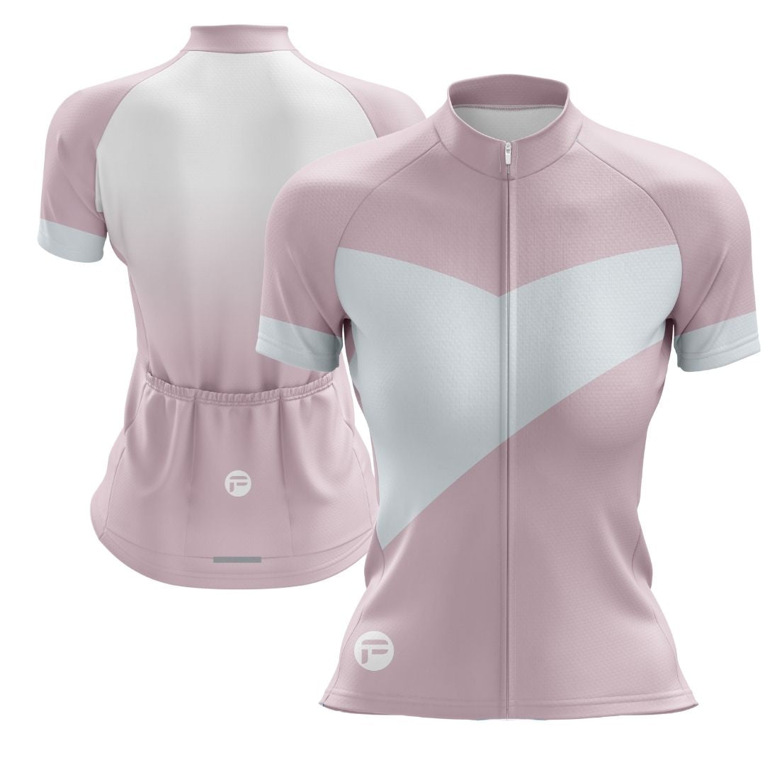 Soft pastel pink and white cycling jersey with bold geometric pattern, featuring lightweight, breathable fabric and aerodynamic fit for road riders.