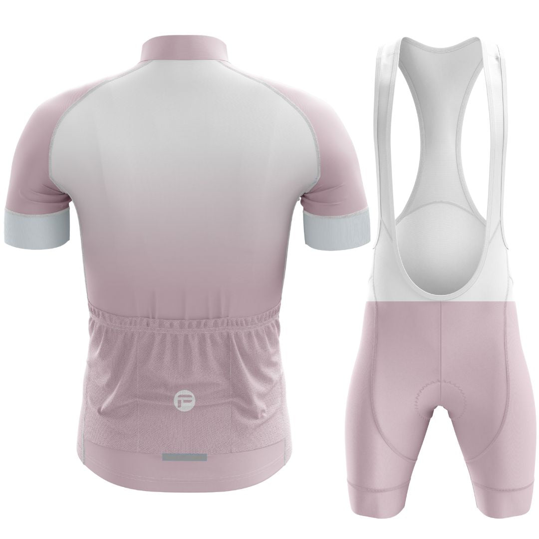 Stylish and high-performance men's cycling kit with a soft pink and white jersey and matching bib shorts for a sleek, modern look.