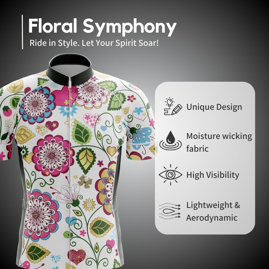 Men's cycling jersey featuring a vibrant floral pattern and reflective accents.