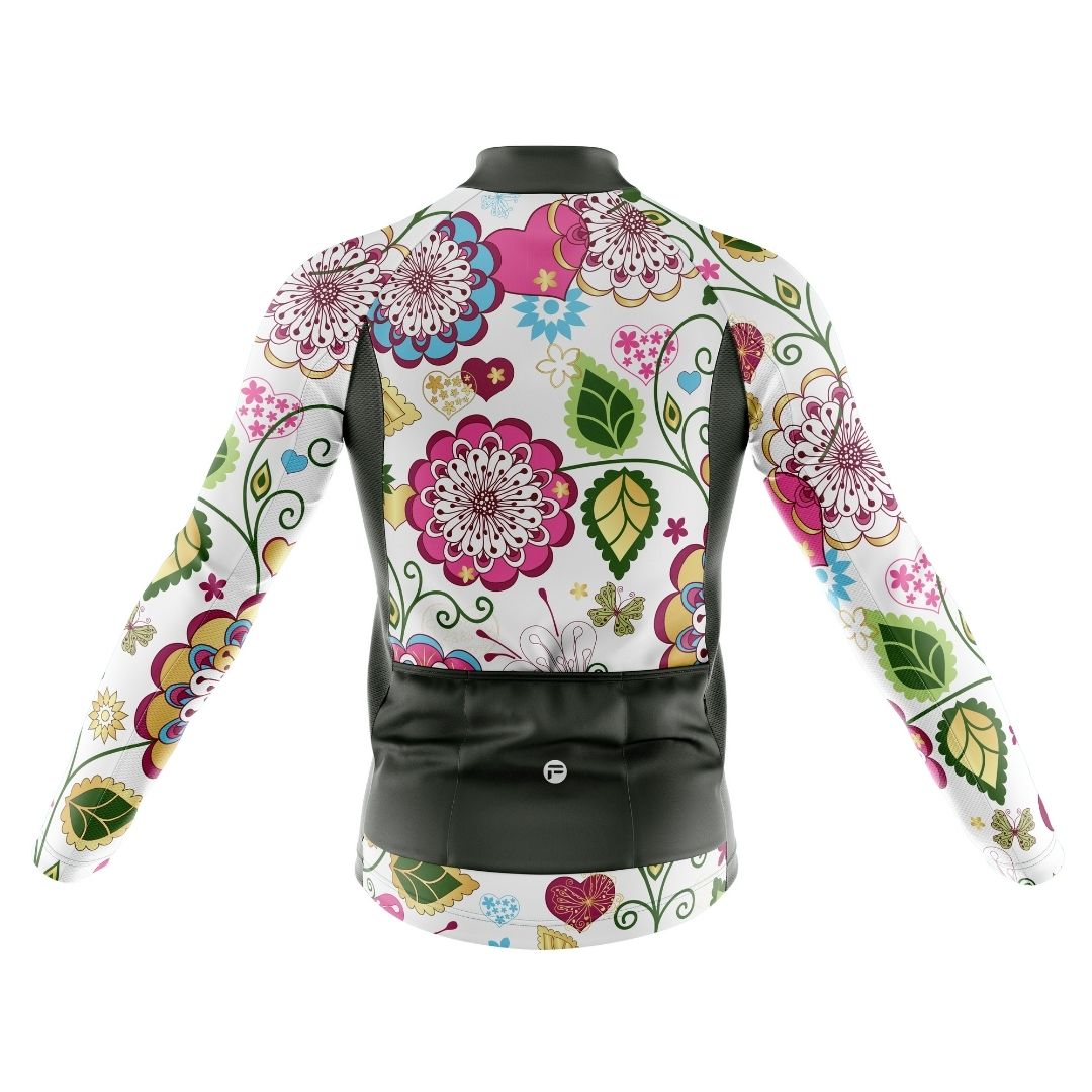 Floral Symphony men's long-sleeve cycling jersey, back view. Featuring three rear pockets for storage and reflective elements for visibility.