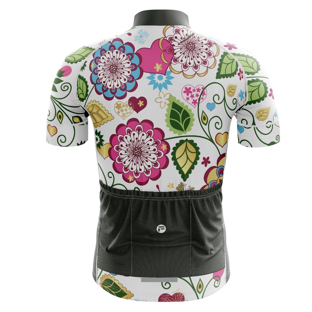 Breathable and comfortable short-sleeve cycling jersey with a floral design.